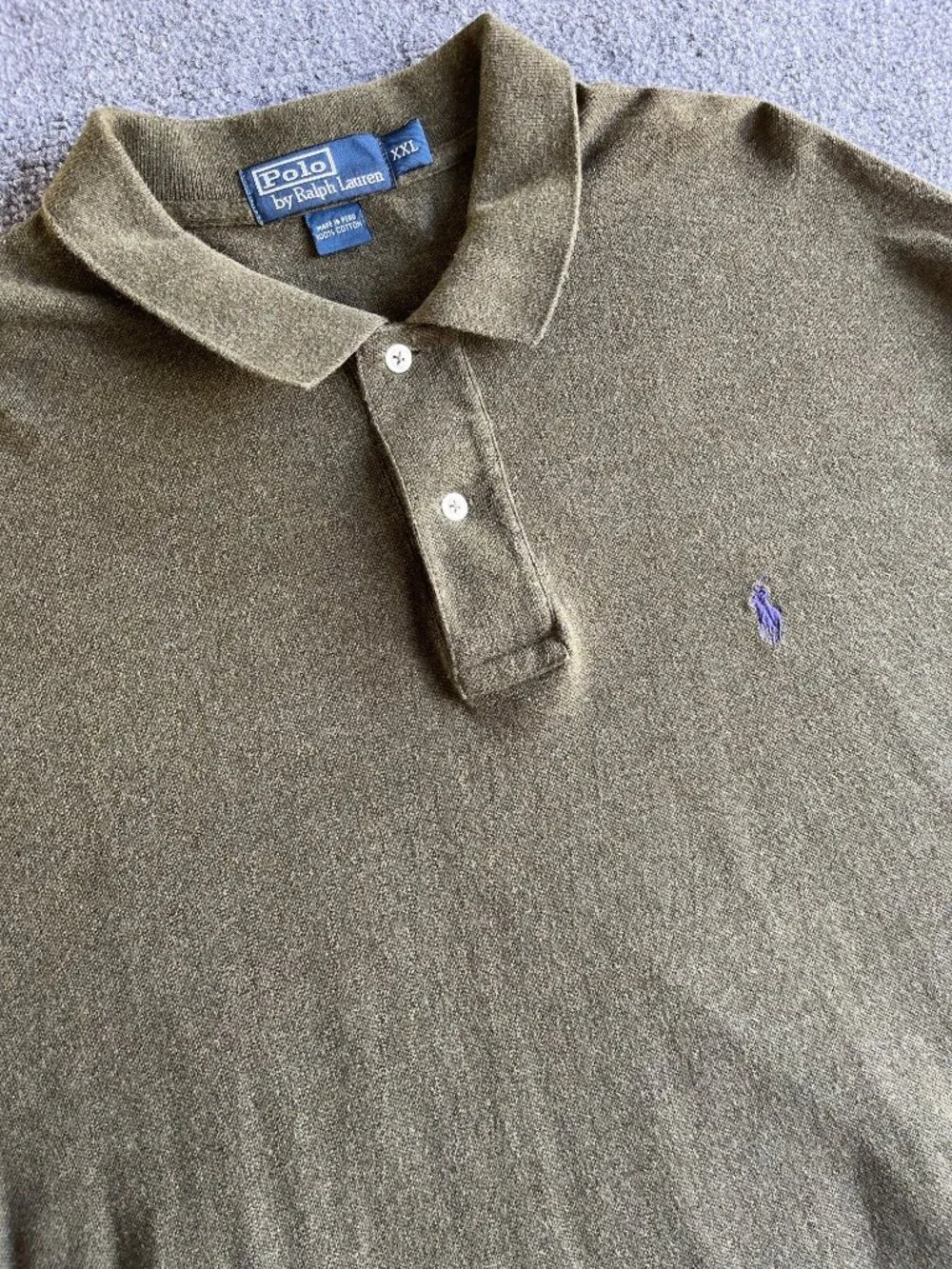 Mens Polo Ralph Lauren XXL Vintage Olive Green Long Sleeve Cotton Polo Shirt